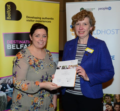 Worldhost participant Ita McGirr from The Linenhall Library pictured with Councillor Deirdre Hargey