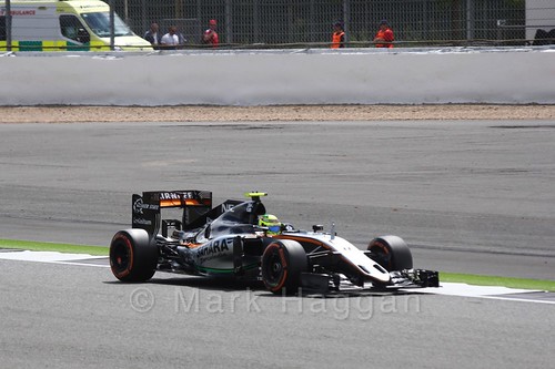 Sergio Perez in his Force India in Free Practice 2 at the 2016 British Grand Prix
