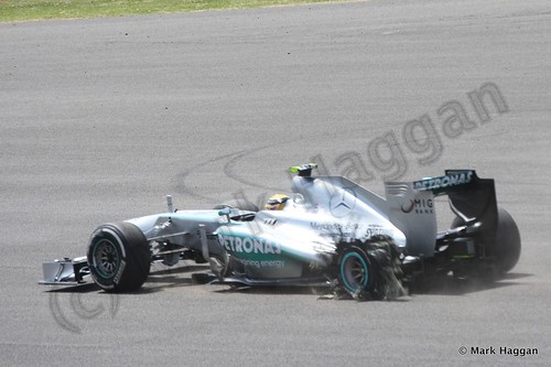 Lewis Hamilton's tyre suffers catastrophic failure during The 2013 British Grand Prix