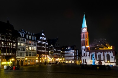 Romerberg Square and Alte Nikolaikirche at night, Frankfurt am Main, Germany