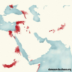 Carte des conflits au Moyen-Orient, aquarelle et sang