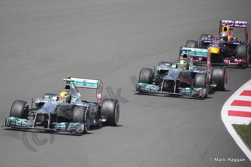 Lewis Hamilton, Nico Rosberg and Sebastian Vettel in the 2013 British Grand Prix