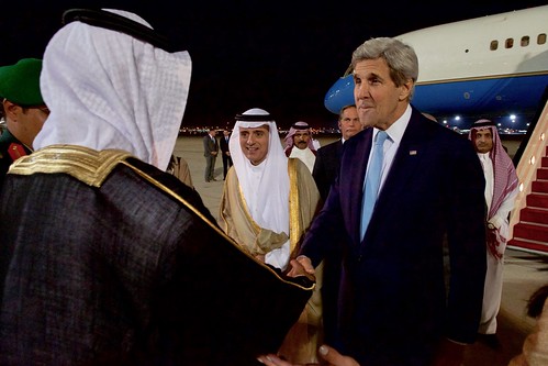 Secretary John Kerry Greets Saudi Arabia Foreign Minister Adel al-Jubeir and Saudi Officials at Jeddah International Airport