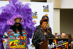 Queen Rita Dollis and Big Chief Bo Dollis, Jr. at the Jazz Fest 2015 Cube Daily Schedule Announcement, March 24, 2015