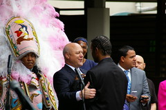 Mayor Mitch Landrieu with Big Chief Bo Dollis, Jr. at the Jazz Fest 2015 Cube Daily Schedule Announcement, March 24, 2015