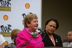 Councilmenber Susan Guidry at the Jazz Fest 2015 Cube Daily Schedule Announcement, March 24, 2015