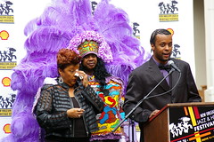 Queen Rita Dollis and Big Chief Bo Dollis, Jr. at the Jazz Fest 2015 Cube Daily Schedule Announcement, March 24, 2015