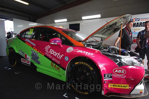 Jake Hill's car in the Team HARD garage at the BTCC 2016 Weekend at Snetterton