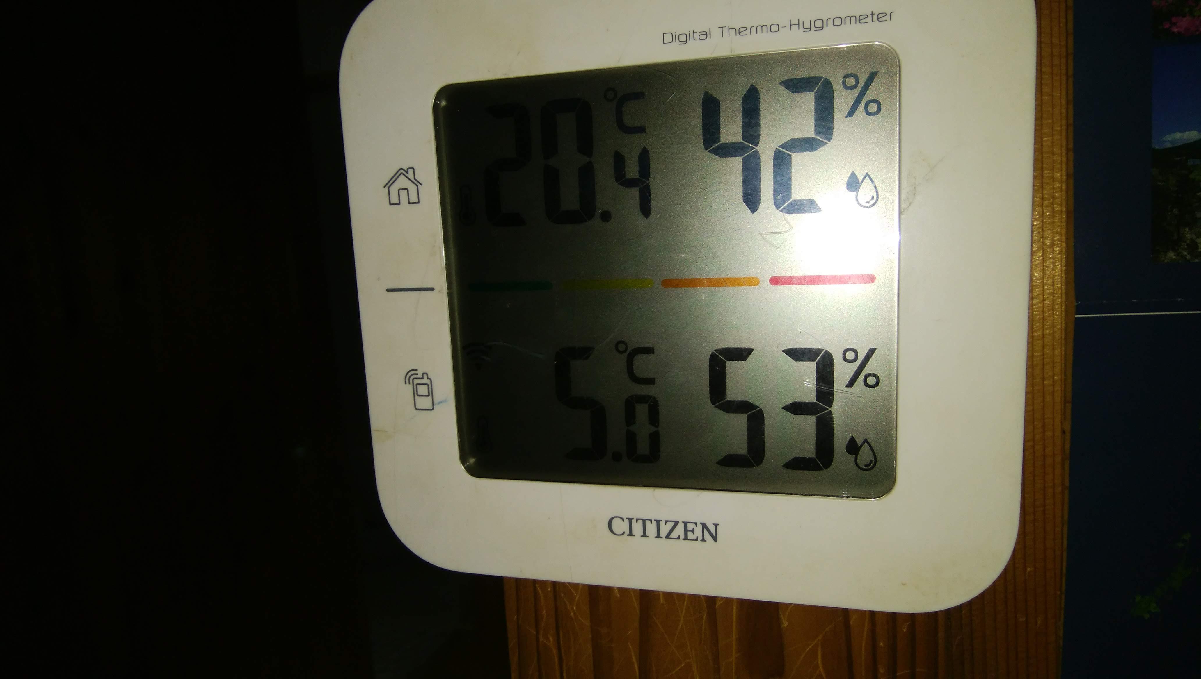 今日朝の室内外温湿度データです。外湿度に...