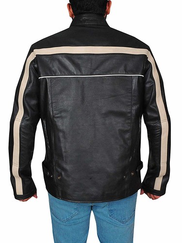 TrendHoop Mens Joe Biker Lambskin Leather Old School Strip Designs Motorcycle Jacket